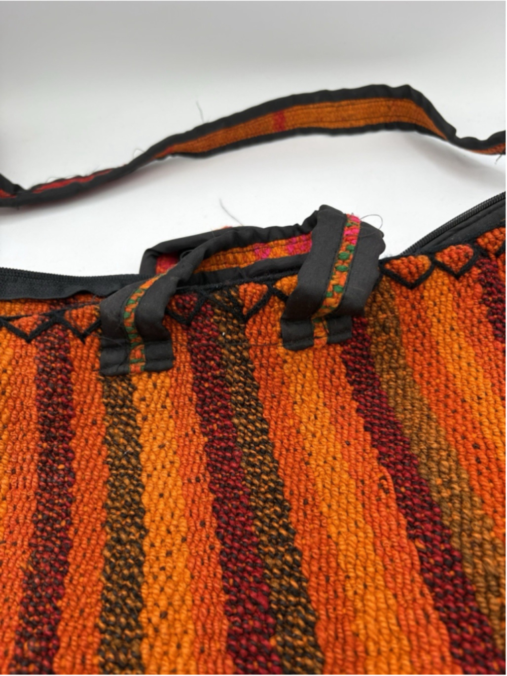 Very Large Handmade Crochet/Woven Shoulder Tote Bag Zipper Pocket 70's Orange - Picture 5 of 6
